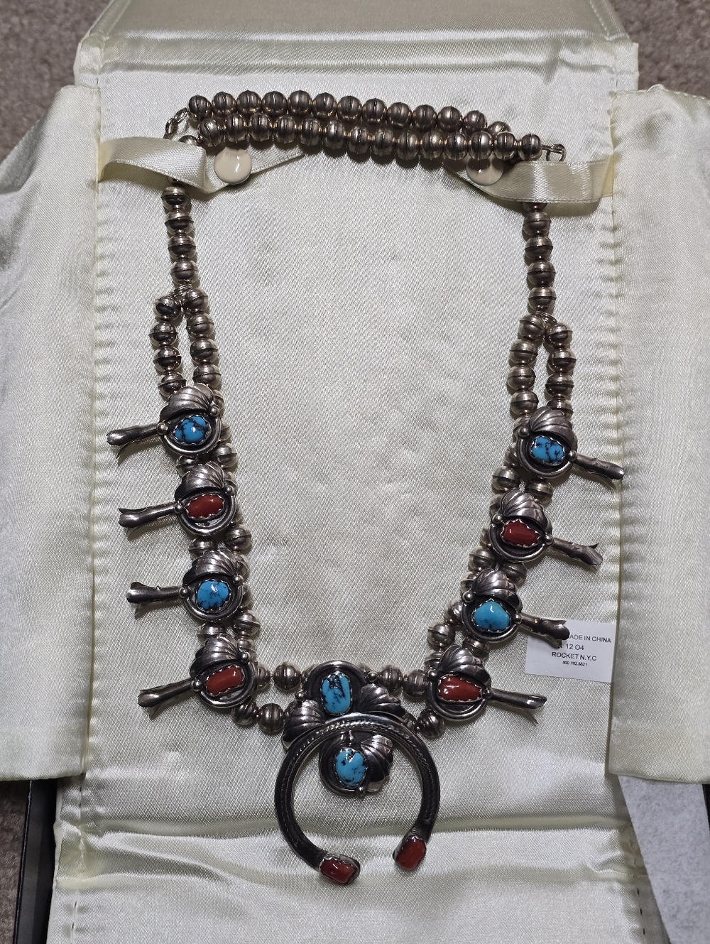 Sterling-Style Turquoise & Corral Squash Blossom Necklace
